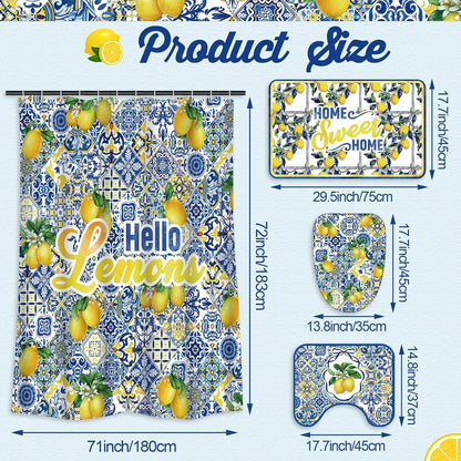 4 Pcs Ltalian Summer Capri Hello Lemons Shower Curtain Set 72x70 Amalfi Coast Lemon Shower Curtain Non Slip Rug Toilet Lid Cover, Bath Mat, Hook for Mediterranean Bathroom Amalfi Coast Decor