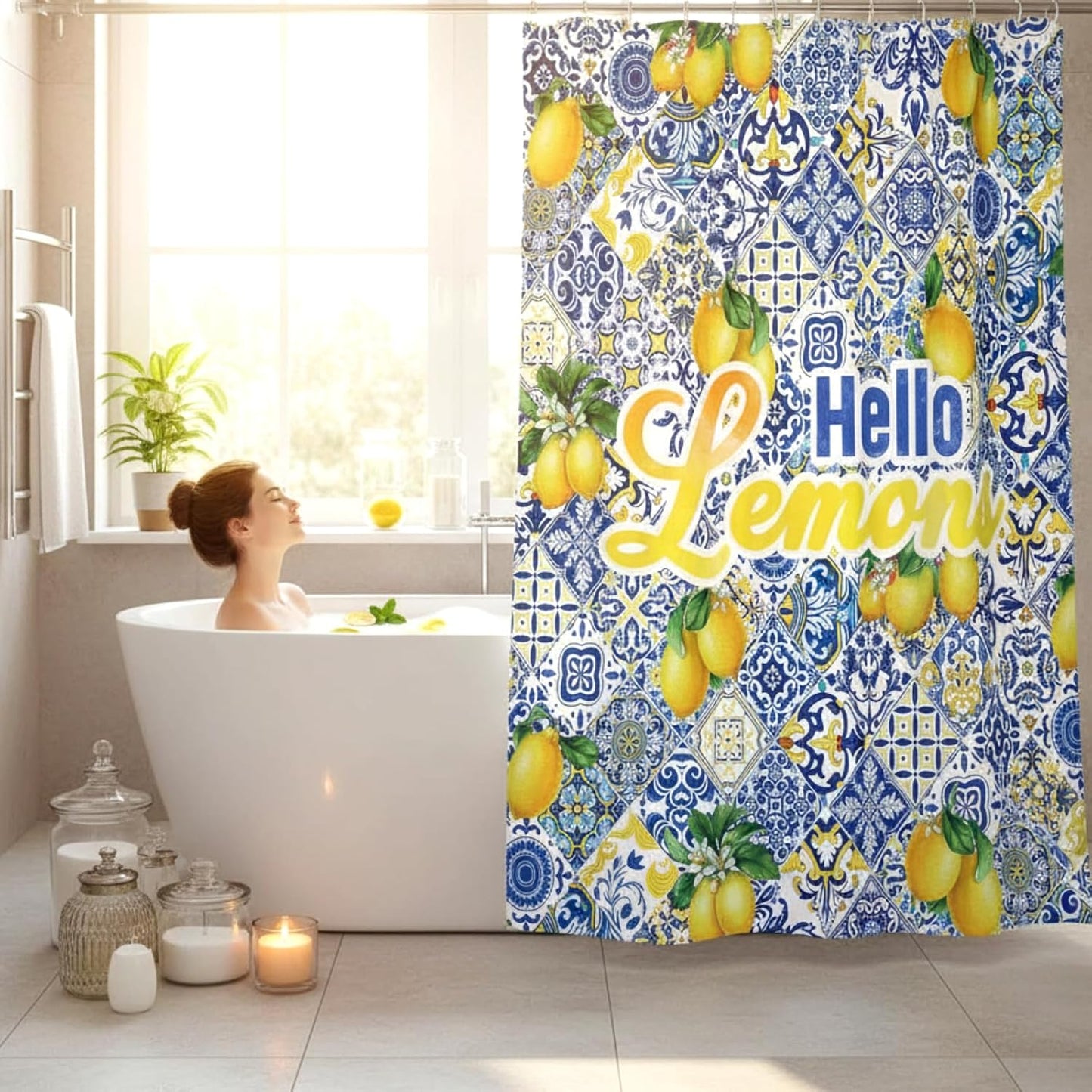 4 Pcs Ltalian Summer Capri Hello Lemons Shower Curtain Set 72x70 Amalfi Coast Lemon Shower Curtain Non Slip Rug Toilet Lid Cover, Bath Mat, Hook for Mediterranean Bathroom Amalfi Coast Decor