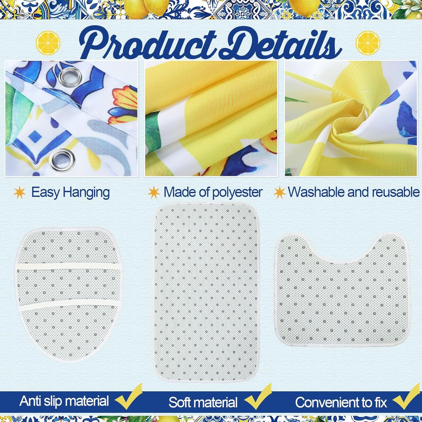 4 Pcs Ltalian Summer Capri Hello Lemons Shower Curtain Set 72x70 Amalfi Coast Lemon Shower Curtain Non Slip Rug Toilet Lid Cover, Bath Mat, Hook for Mediterranean Bathroom Amalfi Coast Decor
