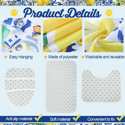 4 Pcs Ltalian Summer Capri Hello Lemons Shower Curtain Set 72x70 Amalfi Coast Lemon Shower Curtain Non Slip Rug Toilet Lid Cover, Bath Mat, Hook for Mediterranean Bathroom Amalfi Coast Decor