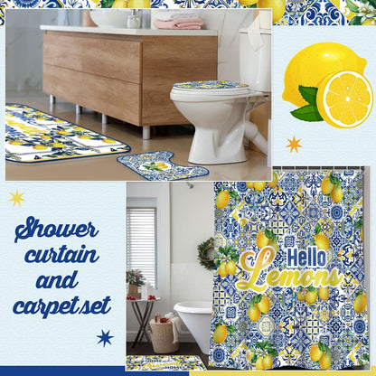 4 Pcs Ltalian Summer Capri Hello Lemons Shower Curtain Set 72x70 Amalfi Coast Lemon Shower Curtain Non Slip Rug Toilet Lid Cover, Bath Mat, Hook for Mediterranean Bathroom Amalfi Coast Decor