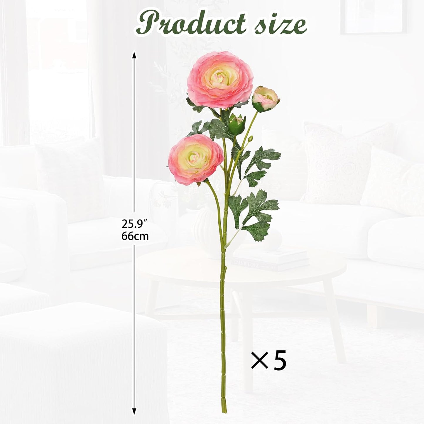 Yellow Ranunculus Artificial Flowers Bouquets, Set of 5 25.9'' Long Stems Faux Peony, Real Touch Spring Summer Floral Arrangement for Home Decor Wedding Vase Filler DIY Crafts