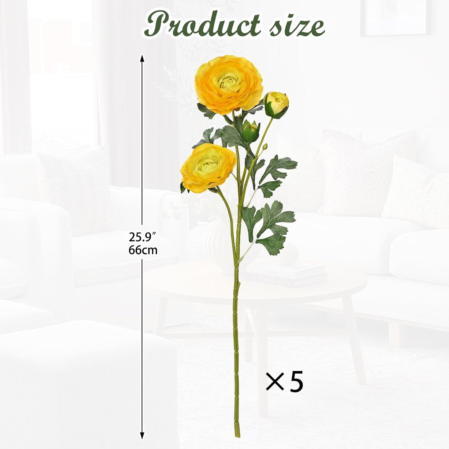 Yellow Ranunculus Artificial Flowers Bouquets, Set of 5 25.9'' Long Stems Faux Peony, Real Touch Spring Summer Floral Arrangement for Home Decor Wedding Vase Filler DIY Crafts