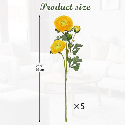 Yellow Ranunculus Artificial Flowers Bouquets, Set of 5 25.9'' Long Stems Faux Peony, Real Touch Spring Summer Floral Arrangement for Home Decor Wedding Vase Filler DIY Crafts