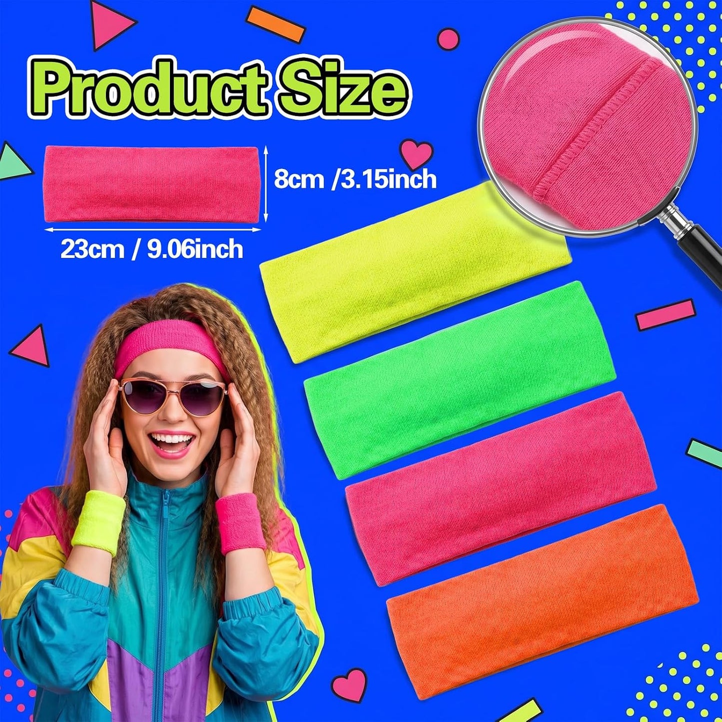 4Pcs Neon Headbands for Women 80s 90s Retro Sports Sweatbands, Non Slip Elastic Hairbands Quick Dry Gym Accessories, Bright Green Yellow Orange Pink