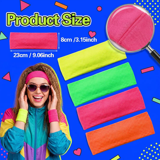 4Pcs Neon Headbands for Women 80s 90s Retro Sports Sweatbands, Non Slip Elastic Hairbands Quick Dry Gym Accessories, Bright Green Yellow Orange Pink