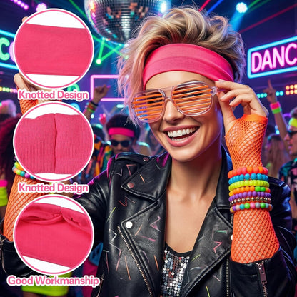 4Pcs Neon Headbands for Women 80s 90s Retro Sports Sweatbands, Non Slip Elastic Hairbands Quick Dry Gym Accessories, Bright Green Yellow Orange Pink