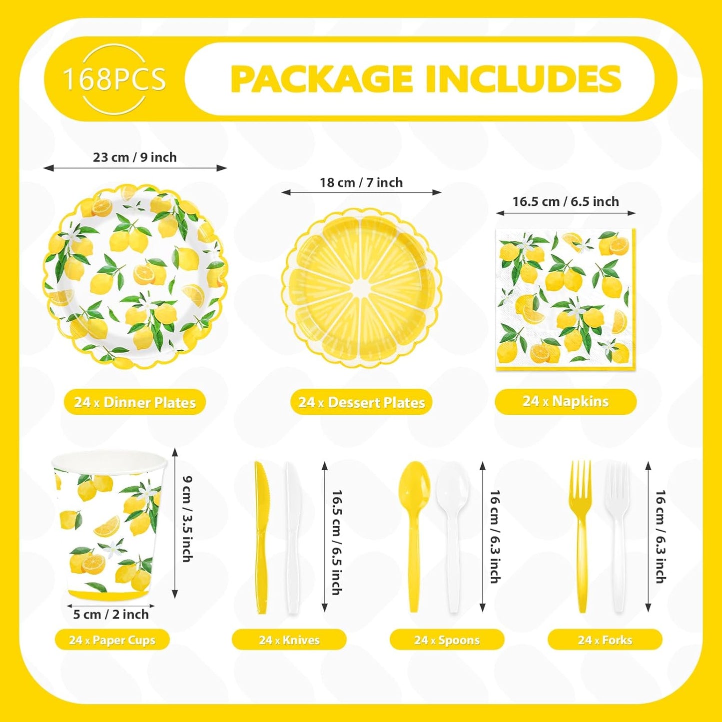 168 Pcs Lemon Party Decorations Yellow Lemons Scalloped Plates Napkins Cups Forks Knives Spoons Summer Lemon Fruit Theme Tableware Set for Spring Birthday Bridal Baby Shower Party Supplies Serves 24