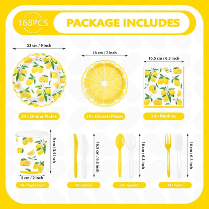 168 Pcs Lemon Party Decorations Yellow Lemons Scalloped Plates Napkins Cups Forks Knives Spoons Summer Lemon Fruit Theme Tableware Set for Spring Birthday Bridal Baby Shower Party Supplies Serves 24
