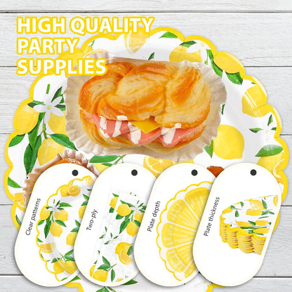 168 Pcs Lemon Party Decorations Yellow Lemons Scalloped Plates Napkins Cups Forks Knives Spoons Summer Lemon Fruit Theme Tableware Set for Spring Birthday Bridal Baby Shower Party Supplies Serves 24