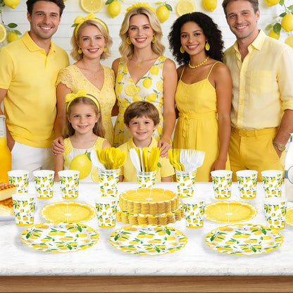 168 Pcs Lemon Party Decorations Yellow Lemons Scalloped Plates Napkins Cups Forks Knives Spoons Summer Lemon Fruit Theme Tableware Set for Spring Birthday Bridal Baby Shower Party Supplies Serves 24
