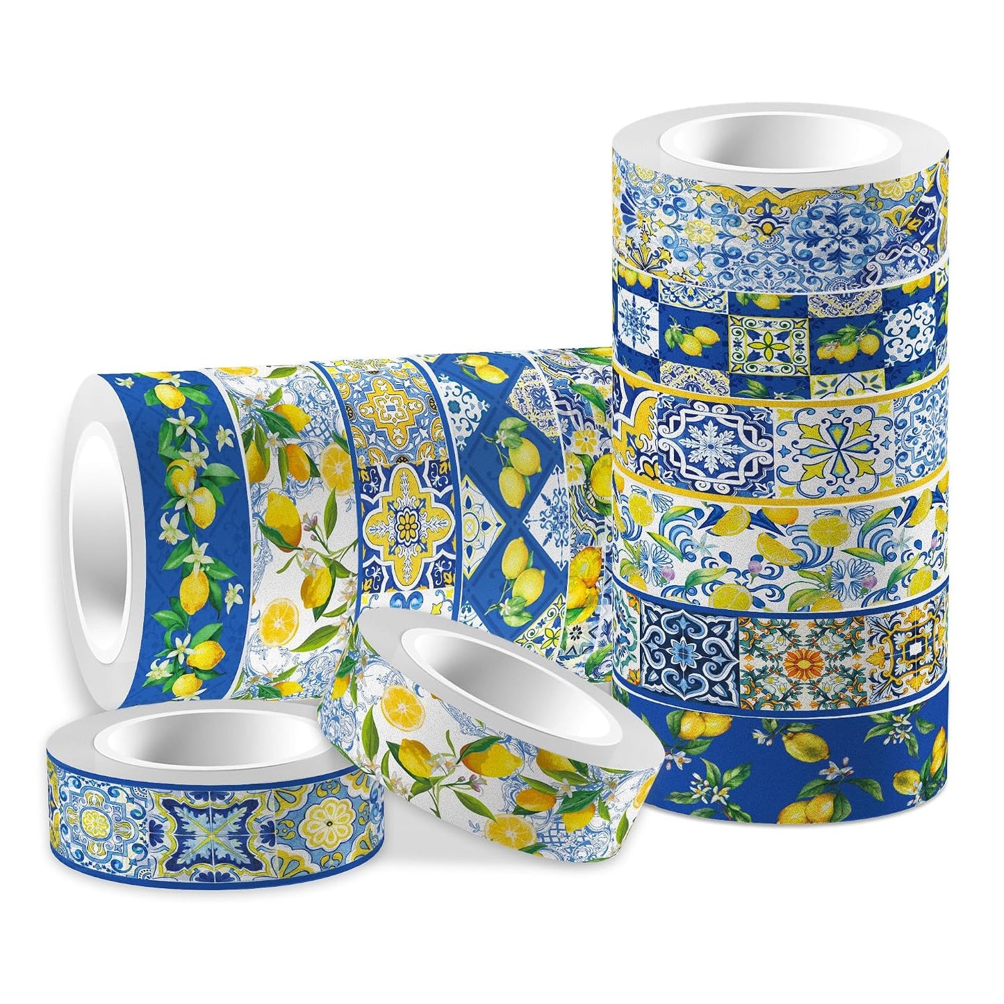 12 Pcs Lemon Washi Tape Set Blue Tiles and Yellow Lemon Patterned Masking Tape Blue Tiles Decorative Paper for Scrapbook DIY, Planner, Craft Gift Wrapping Handbook Sticker