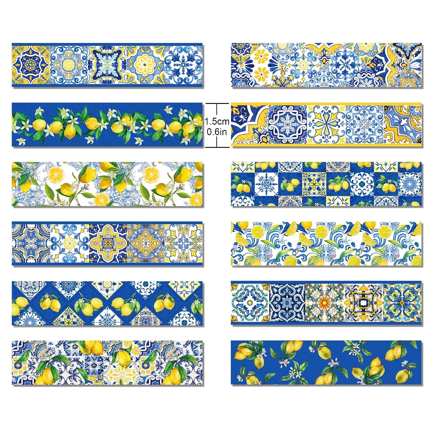 12 Pcs Lemon Washi Tape Set Blue Tiles and Yellow Lemon Patterned Masking Tape Blue Tiles Decorative Paper for Scrapbook DIY, Planner, Craft Gift Wrapping Handbook Sticker