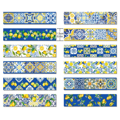 12 Pcs Lemon Washi Tape Set Blue Tiles and Yellow Lemon Patterned Masking Tape Blue Tiles Decorative Paper for Scrapbook DIY, Planner, Craft Gift Wrapping Handbook Sticker