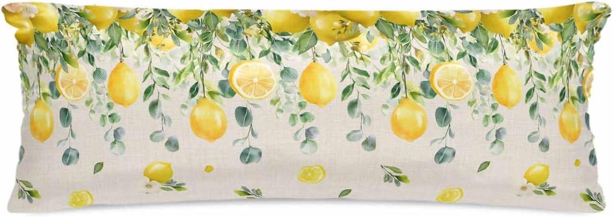 Farmhouse Satin Pillowcase for Hair and Skin King Yellow Lemon Eucalyptus Leaf Watercolor Plant Retro Linen Pillow Cases 2 Pack with Zipper, Soft Cooling Similar to Silk Pillow Covers, 20x54 Inch