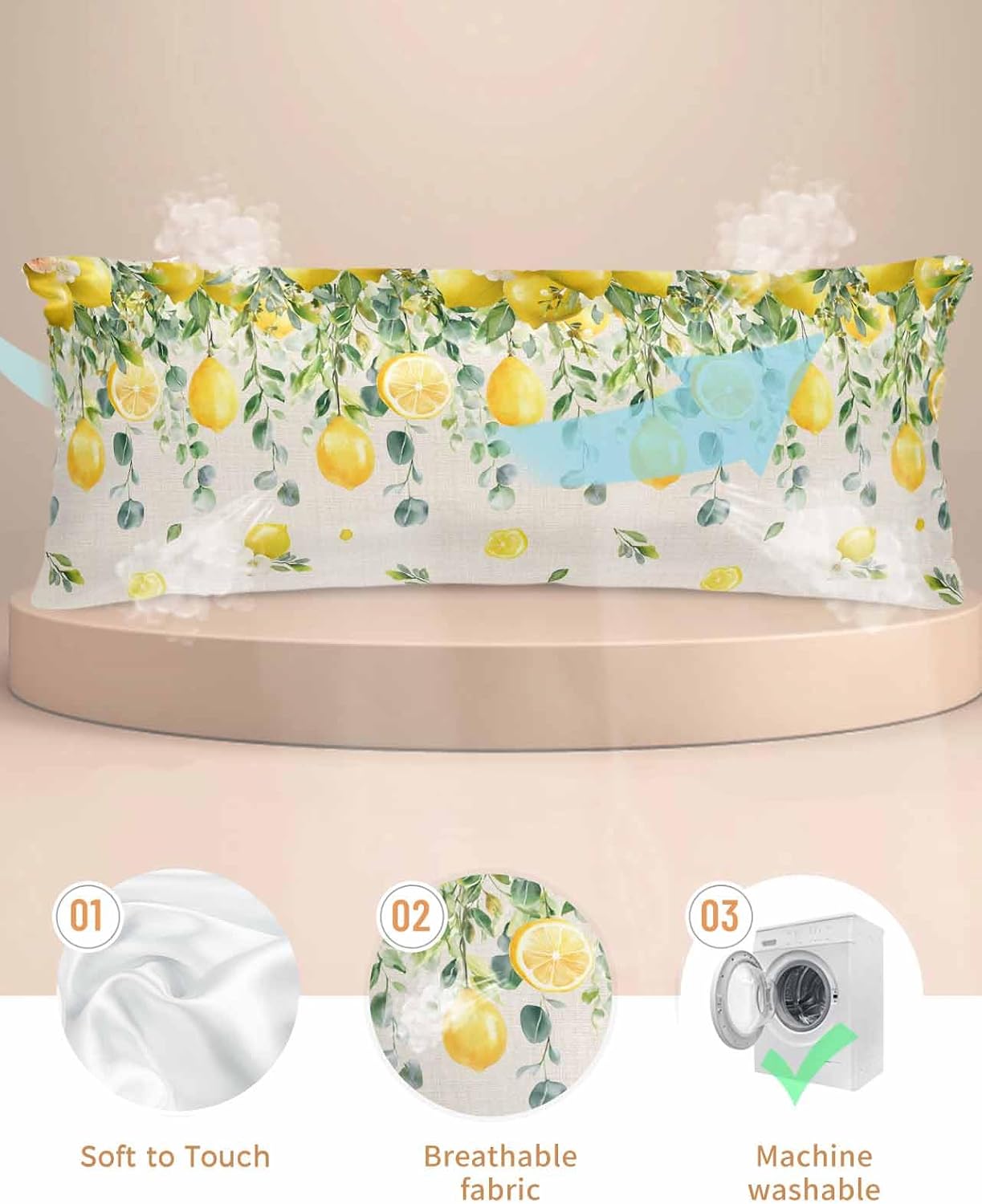 Farmhouse Satin Pillowcase for Hair and Skin King Yellow Lemon Eucalyptus Leaf Watercolor Plant Retro Linen Pillow Cases 2 Pack with Zipper, Soft Cooling Similar to Silk Pillow Covers, 20x54 Inch