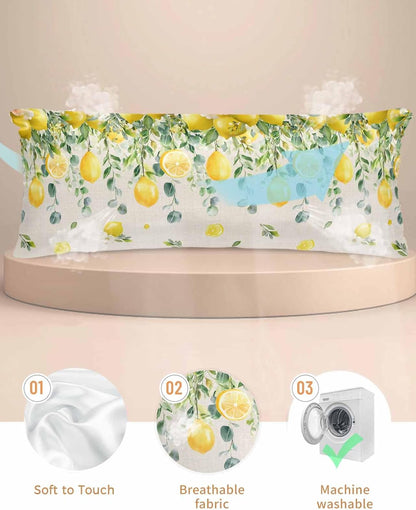 Farmhouse Satin Pillowcase for Hair and Skin King Yellow Lemon Eucalyptus Leaf Watercolor Plant Retro Linen Pillow Cases 2 Pack with Zipper, Soft Cooling Similar to Silk Pillow Covers, 20x54 Inch