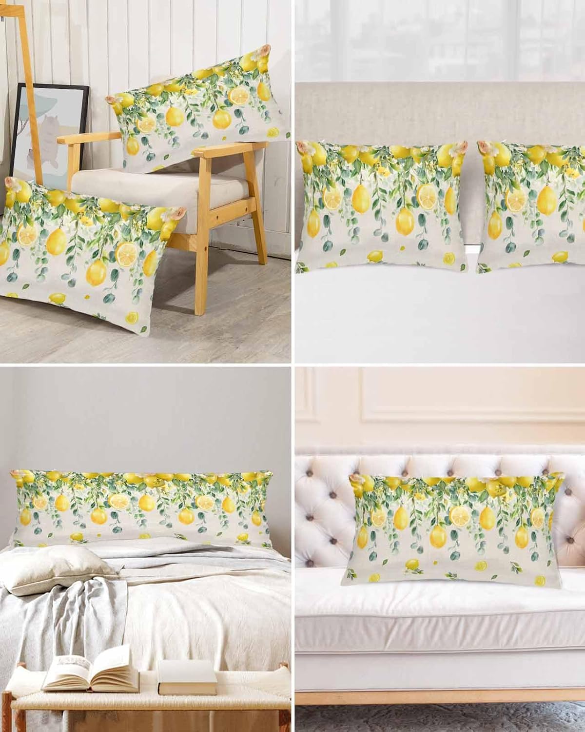 Farmhouse Satin Pillowcase for Hair and Skin King Yellow Lemon Eucalyptus Leaf Watercolor Plant Retro Linen Pillow Cases 2 Pack with Zipper, Soft Cooling Similar to Silk Pillow Covers, 20x54 Inch