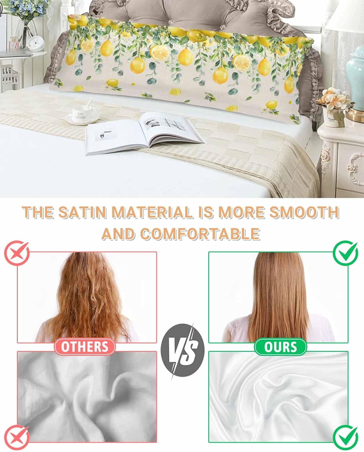 Farmhouse Satin Pillowcase for Hair and Skin King Yellow Lemon Eucalyptus Leaf Watercolor Plant Retro Linen Pillow Cases 2 Pack with Zipper, Soft Cooling Similar to Silk Pillow Covers, 20x54 Inch
