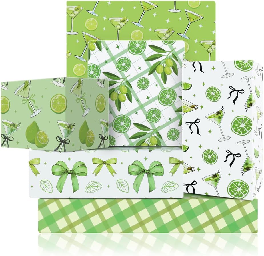 Martini Lemon Bow Print Gift Wrapping Paper, 6 Designs Green Martini Cocktails Theme Gift Wrap Paper Folded Flat Art Sheets for Women Men Bachelorette Birthday Wedding Bridal Shower Gift Packing
