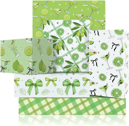 Martini Lemon Bow Print Gift Wrapping Paper, 6 Designs Green Martini Cocktails Theme Gift Wrap Paper Folded Flat Art Sheets for Women Men Bachelorette Birthday Wedding Bridal Shower Gift Packing