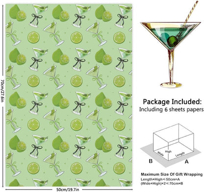 Martini Lemon Bow Print Gift Wrapping Paper, 6 Designs Green Martini Cocktails Theme Gift Wrap Paper Folded Flat Art Sheets for Women Men Bachelorette Birthday Wedding Bridal Shower Gift Packing