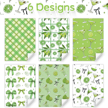 Martini Lemon Bow Print Gift Wrapping Paper, 6 Designs Green Martini Cocktails Theme Gift Wrap Paper Folded Flat Art Sheets for Women Men Bachelorette Birthday Wedding Bridal Shower Gift Packing