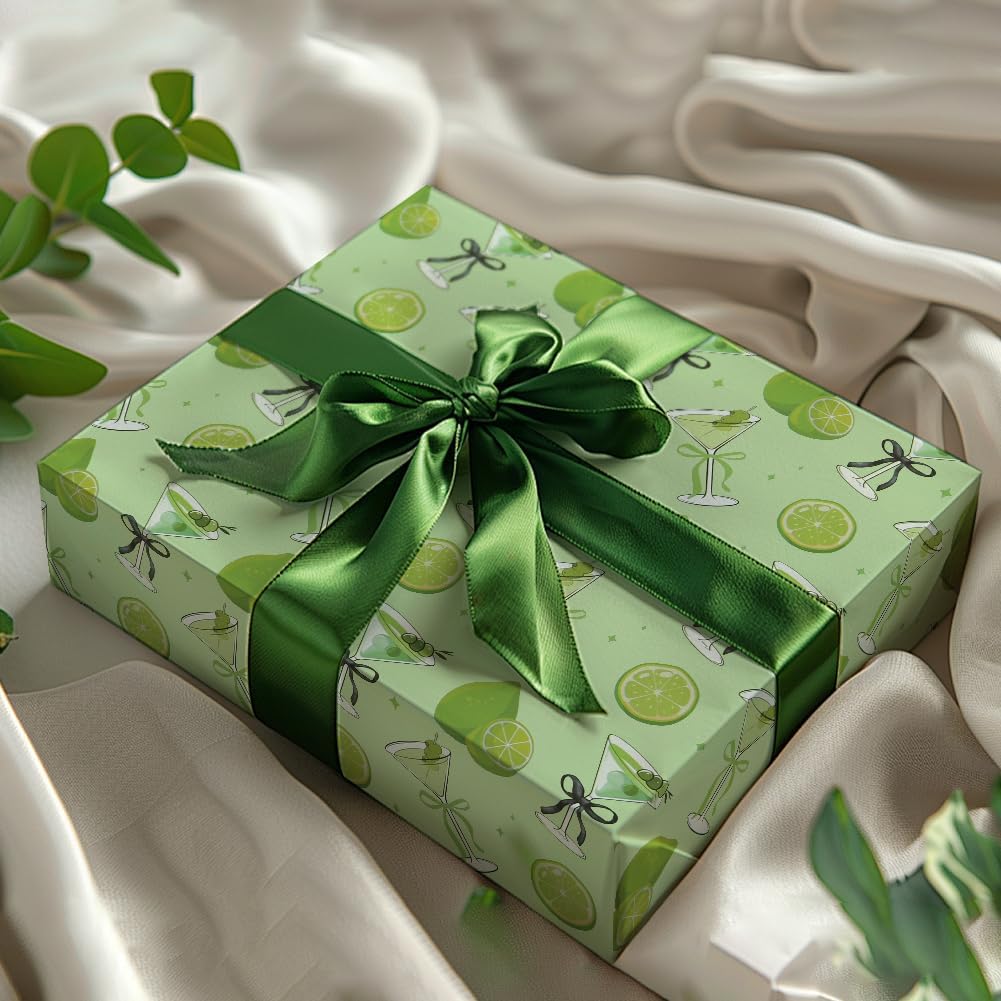 Martini Lemon Bow Print Gift Wrapping Paper, 6 Designs Green Martini Cocktails Theme Gift Wrap Paper Folded Flat Art Sheets for Women Men Bachelorette Birthday Wedding Bridal Shower Gift Packing