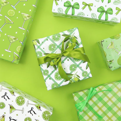 Martini Lemon Bow Print Gift Wrapping Paper, 6 Designs Green Martini Cocktails Theme Gift Wrap Paper Folded Flat Art Sheets for Women Men Bachelorette Birthday Wedding Bridal Shower Gift Packing