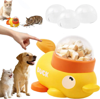 Duck Dog Treat Dispenser, Duck Treat Dispenser for Dogs, Cat Treat Dispenser with Button, 2-in-1 Interactive Toy & Slow Feeder, Features Three Adjustable Food Outlets (0.47",0.63",0.79") (Yellow)