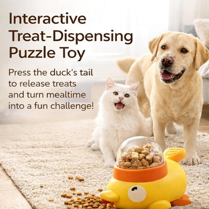 Duck Dog Treat Dispenser, Duck Treat Dispenser for Dogs, Cat Treat Dispenser with Button, 2-in-1 Interactive Toy & Slow Feeder, Features Three Adjustable Food Outlets (0.47",0.63",0.79") (Yellow)