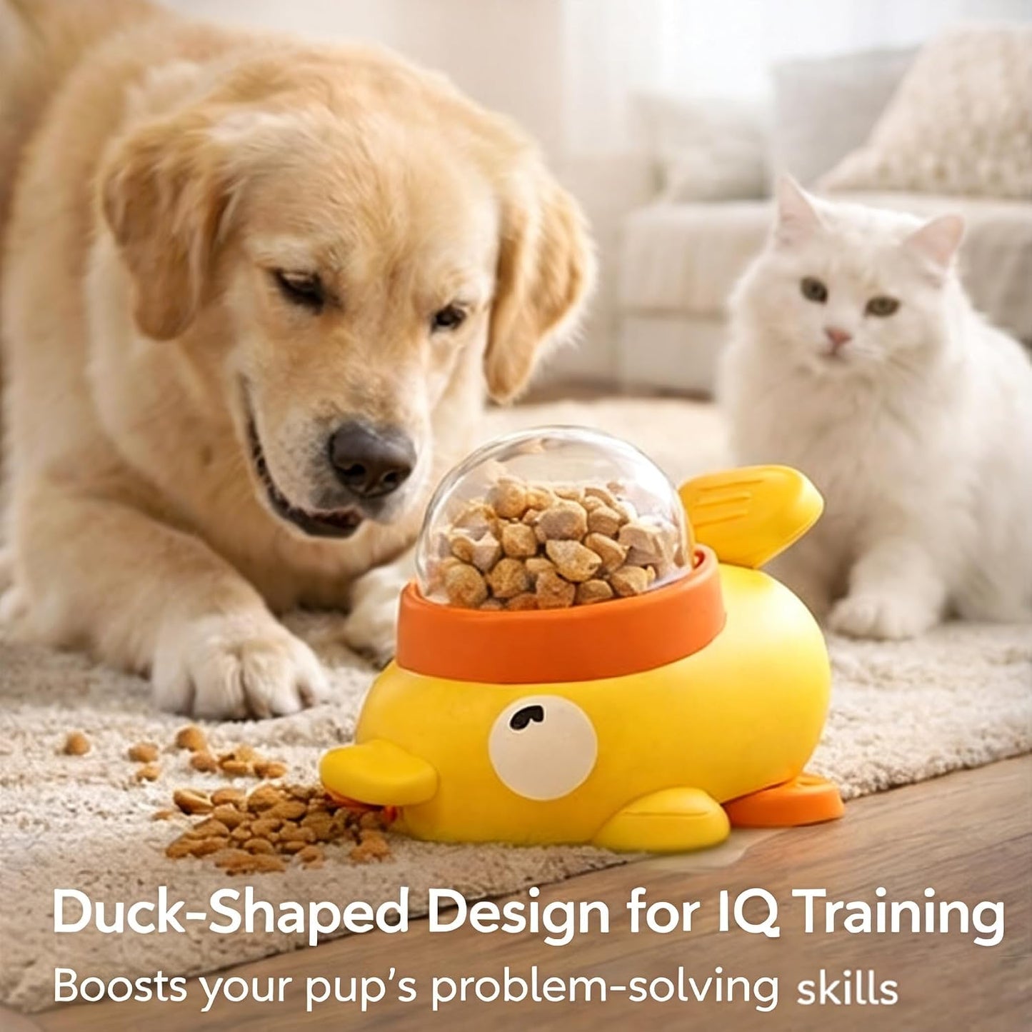 Duck Dog Treat Dispenser, Duck Treat Dispenser for Dogs, Cat Treat Dispenser with Button, 2-in-1 Interactive Toy & Slow Feeder, Features Three Adjustable Food Outlets (0.47",0.63",0.79") (Yellow)