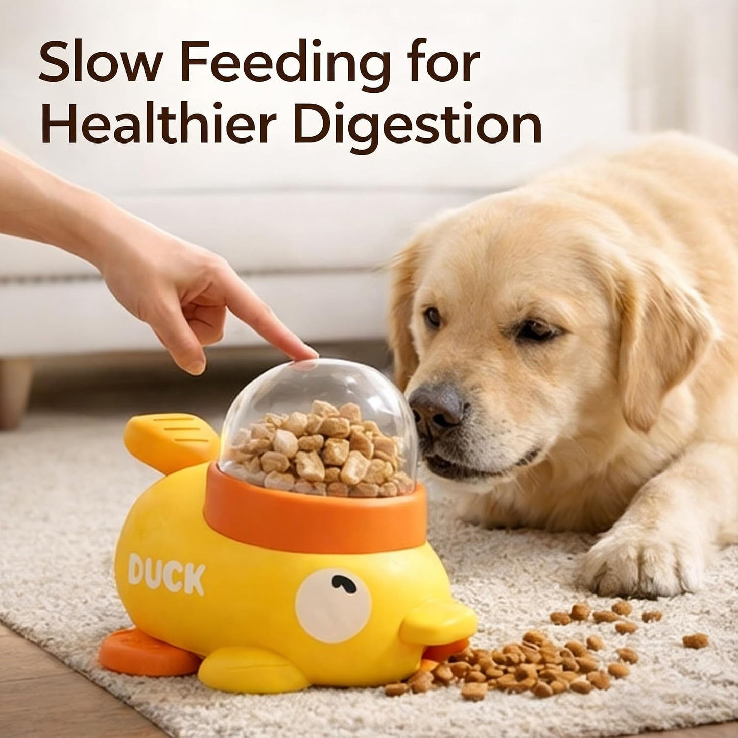Duck Dog Treat Dispenser, Duck Treat Dispenser for Dogs, Cat Treat Dispenser with Button, 2-in-1 Interactive Toy & Slow Feeder, Features Three Adjustable Food Outlets (0.47",0.63",0.79") (Yellow)