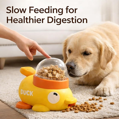 Duck Dog Treat Dispenser, Duck Treat Dispenser for Dogs, Cat Treat Dispenser with Button, 2-in-1 Interactive Toy & Slow Feeder, Features Three Adjustable Food Outlets (0.47",0.63",0.79") (Yellow)