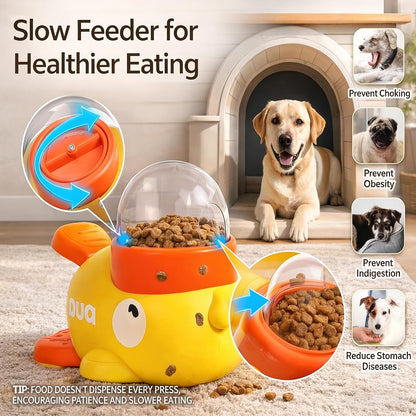 Duck Dog Treat Dispenser, Duck Treat Dispenser for Dogs, Cat Treat Dispenser with Button, 2-in-1 Interactive Toy & Slow Feeder, Features Three Adjustable Food Outlets (0.47",0.63",0.79") (Yellow)