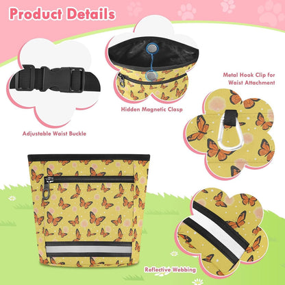Butterflies Dots Yellow Dog Treat Pouch for Pet Training Puppy Treat Bag | with Magnetic Closure, Water-Resistant, 1.7L Capacity, Hands-Free, Adjustable Shoulder Straps, for Night Walks