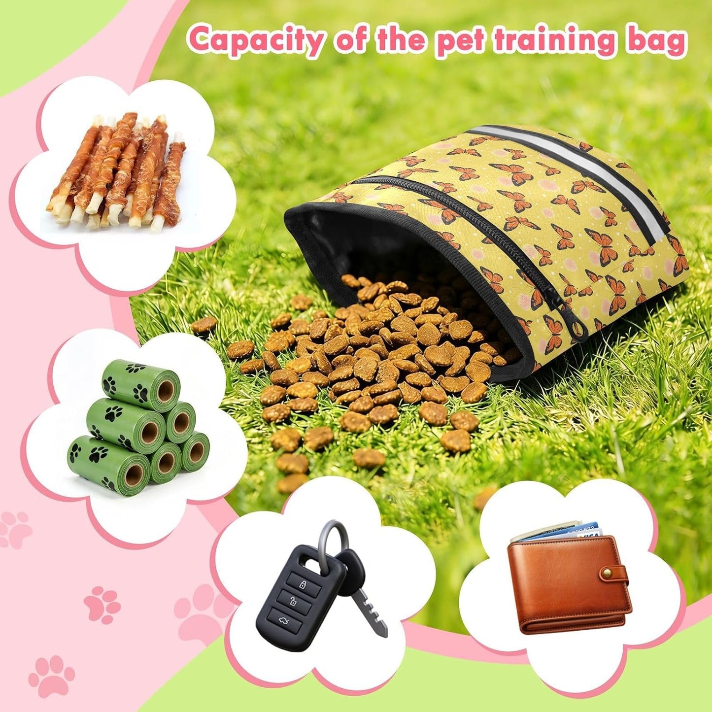 Butterflies Dots Yellow Dog Treat Pouch for Pet Training Puppy Treat Bag | with Magnetic Closure, Water-Resistant, 1.7L Capacity, Hands-Free, Adjustable Shoulder Straps, for Night Walks