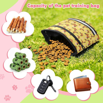 Butterflies Dots Yellow Dog Treat Pouch for Pet Training Puppy Treat Bag | with Magnetic Closure, Water-Resistant, 1.7L Capacity, Hands-Free, Adjustable Shoulder Straps, for Night Walks