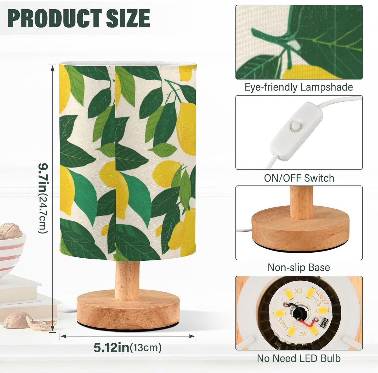Bedside Table Lamp Lemon Yellow Citrus Fruits (66) Kids Nightstand Lamp Night Light Fabric Shade for Bedroom Living Room Home Office