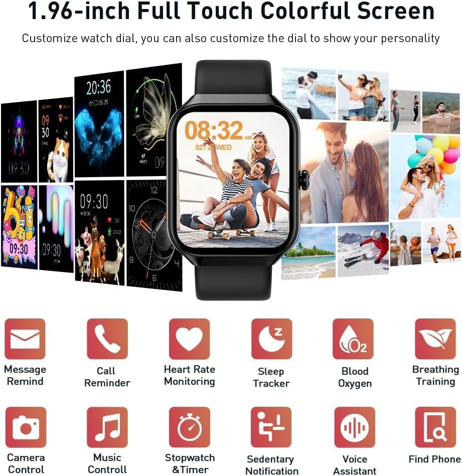 Smart Watch(Answer/Make Call), 1.96" HD Smartwatch for Men Women, 2026 Fitness Watch with 7/24 Heart Rate/Sleep Monitor/30+Day,113+ Sport Modes,IP68 Waterproof Fitness Activity Tracker for Android iOS