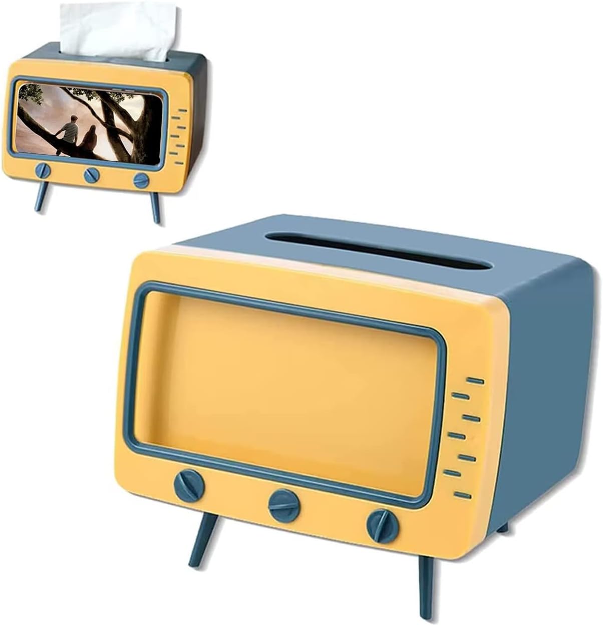 Tissue Box Holder Retro TV Tissue Box Cover Cute and Practical Cell Phone Holder Tampon Holder for Bathroom Kitchen Bedroom Dressers Desks and Tables Night Stands Creative Gift (TV Yellow)