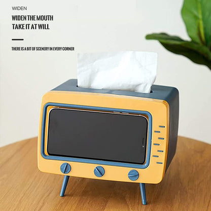 Tissue Box Holder Retro TV Tissue Box Cover Cute and Practical Cell Phone Holder Tampon Holder for Bathroom Kitchen Bedroom Dressers Desks and Tables Night Stands Creative Gift (TV Yellow)