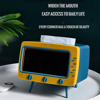Tissue Box Holder Retro TV Tissue Box Cover Cute and Practical Cell Phone Holder Tampon Holder for Bathroom Kitchen Bedroom Dressers Desks and Tables Night Stands Creative Gift (TV Yellow)