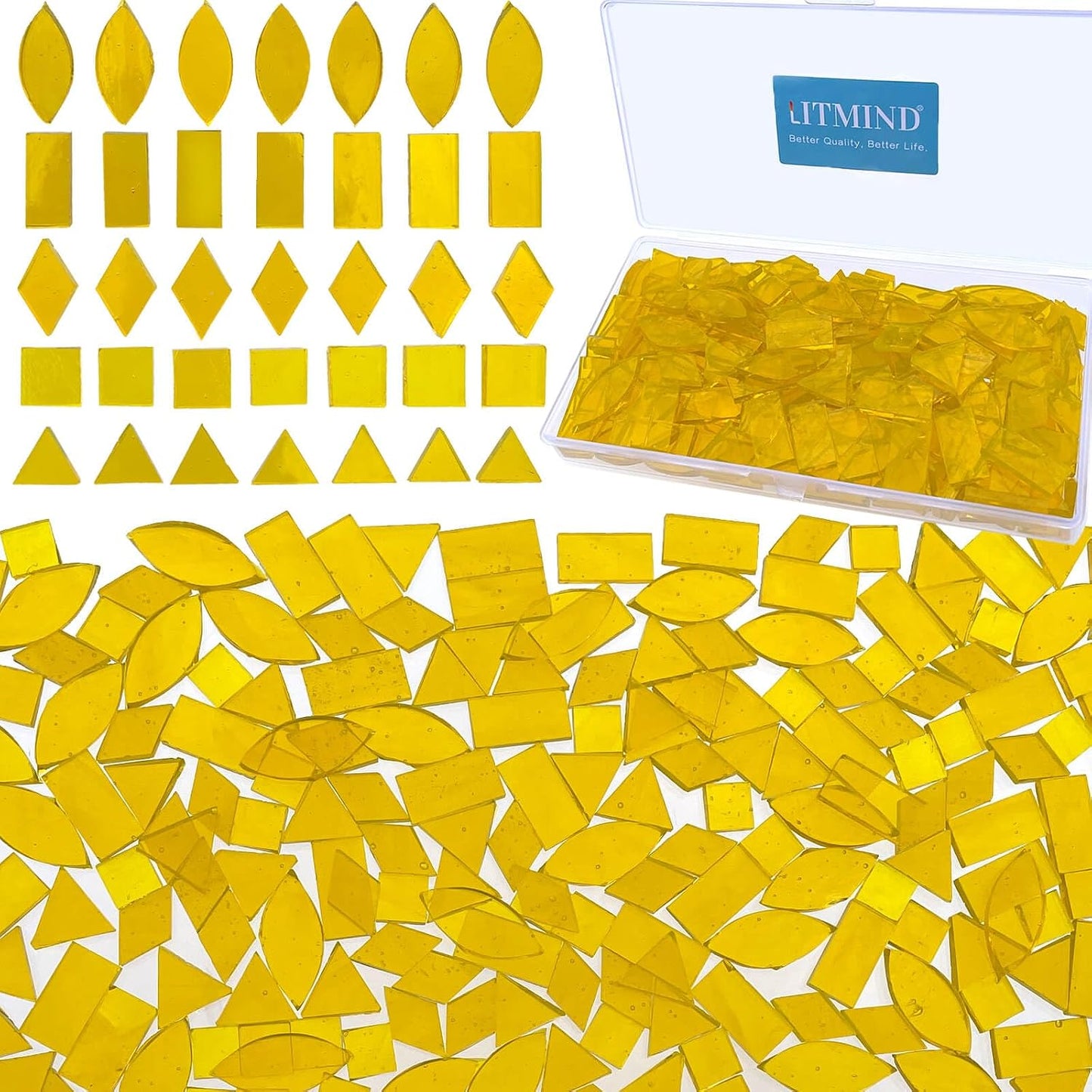 Transparent Yellow Stained Glass Mosaic Tiles - 240 Pieces in 5 Shapes (Rectangle, Triangle, Rhombus, Square, Leaf) for Crafts & Mosaic Projects