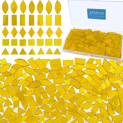Transparent Yellow Stained Glass Mosaic Tiles - 240 Pieces in 5 Shapes (Rectangle, Triangle, Rhombus, Square, Leaf) for Crafts & Mosaic Projects