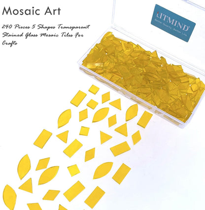 Transparent Yellow Stained Glass Mosaic Tiles - 240 Pieces in 5 Shapes (Rectangle, Triangle, Rhombus, Square, Leaf) for Crafts & Mosaic Projects