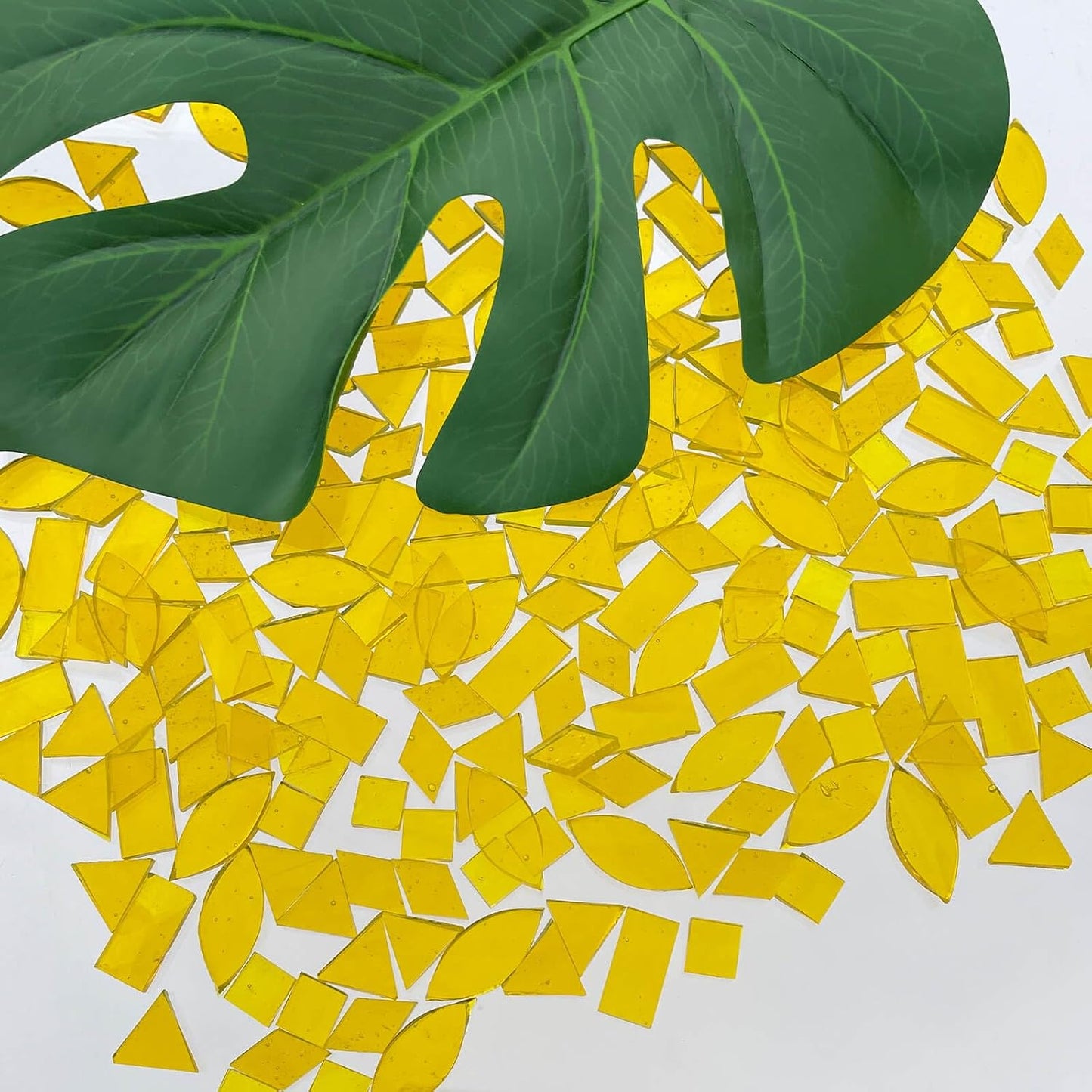 Transparent Yellow Stained Glass Mosaic Tiles - 240 Pieces in 5 Shapes (Rectangle, Triangle, Rhombus, Square, Leaf) for Crafts & Mosaic Projects