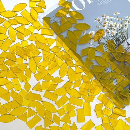 Transparent Yellow Stained Glass Mosaic Tiles - 240 Pieces in 5 Shapes (Rectangle, Triangle, Rhombus, Square, Leaf) for Crafts & Mosaic Projects