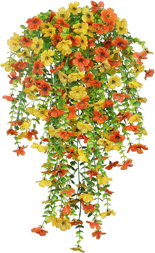 3 Pcs Artificial Hanging Flowers for Outdoors Spring Summer Faux Silk Daisy Flowers UV Resistant Fake Plants Eucalyptus Realistic Orange for Outside Home Indoor Planter Porch Garden Yard Decor