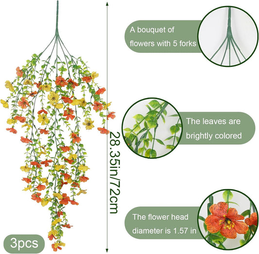 3 Pcs Artificial Hanging Flowers for Outdoors Spring Summer Faux Silk Daisy Flowers UV Resistant Fake Plants Eucalyptus Realistic Orange for Outside Home Indoor Planter Porch Garden Yard Decor